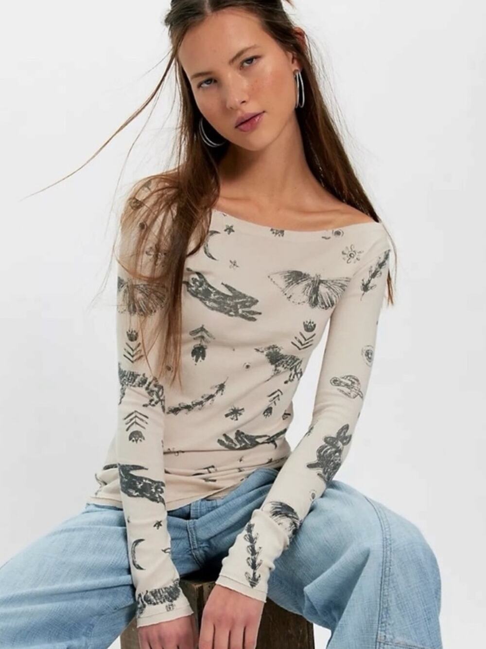 Free People Celestial Witchy Ragabond Winter Folklore Long Sleeve Tee Large NWT - Picture 1 of 14